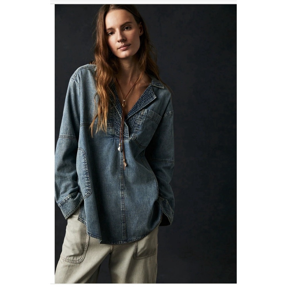 We the Free People Peyton Denim Pullover Tunic Women's Size XL Top Boho Pockets